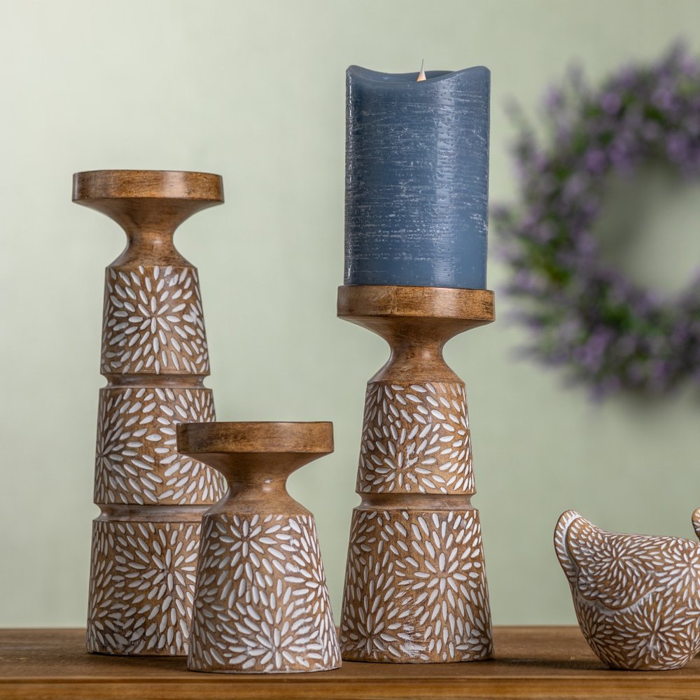 Set of Three Brown And White Distressed Floral Resin Tabletop Pillar Candle Holders