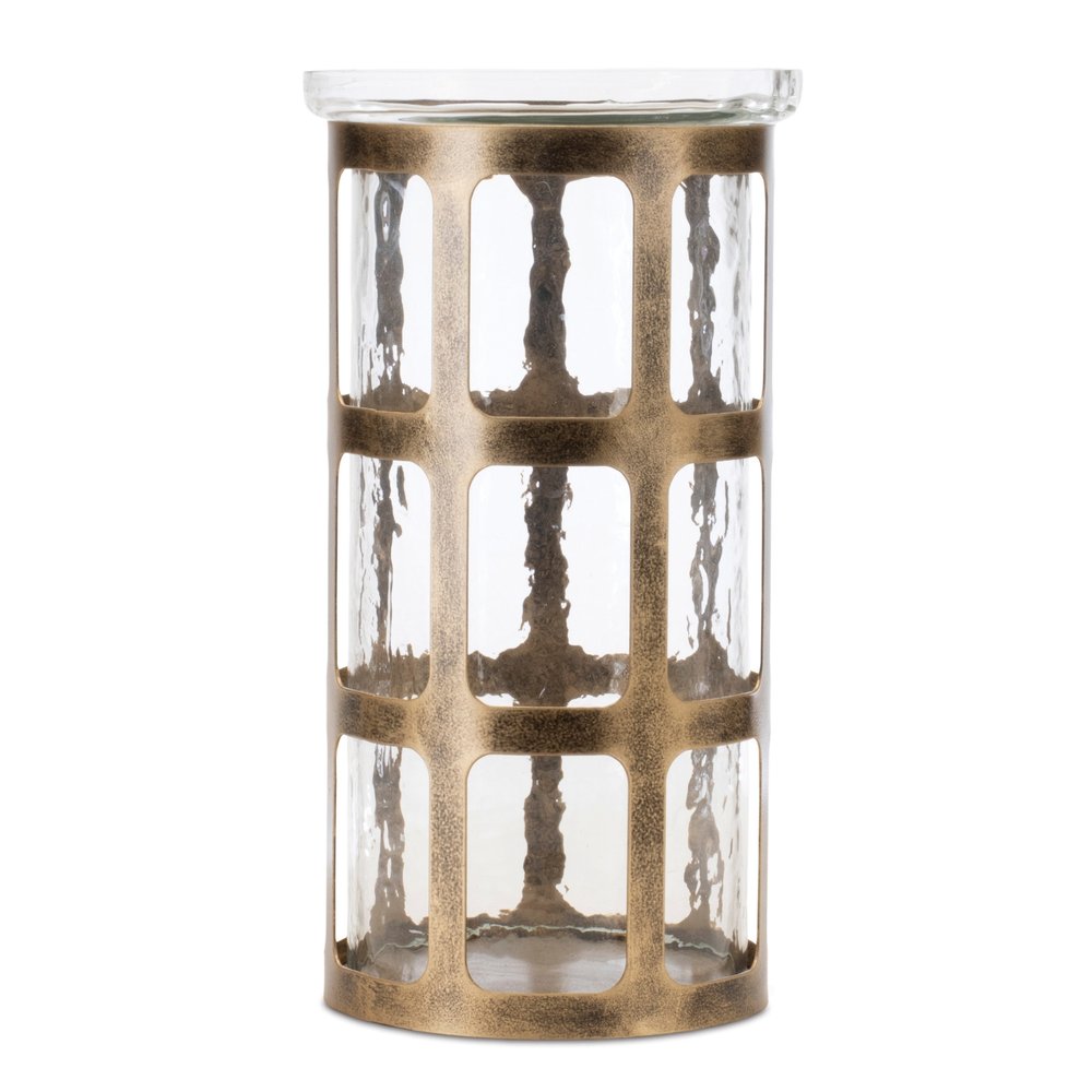 10" Gold Lattice Iron And Glass Tabletop Pillar Candle Holder