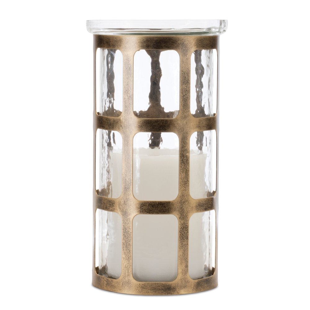10" Gold Lattice Iron And Glass Tabletop Pillar Candle Holder