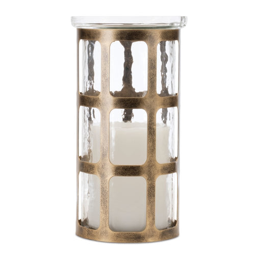 10" Gold Lattice Iron And Glass Tabletop Pillar Candle Holder