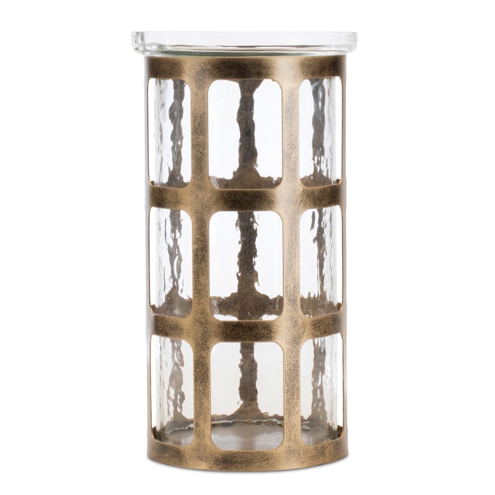10" Gold Lattice Iron And Glass Tabletop Pillar Candle Holder