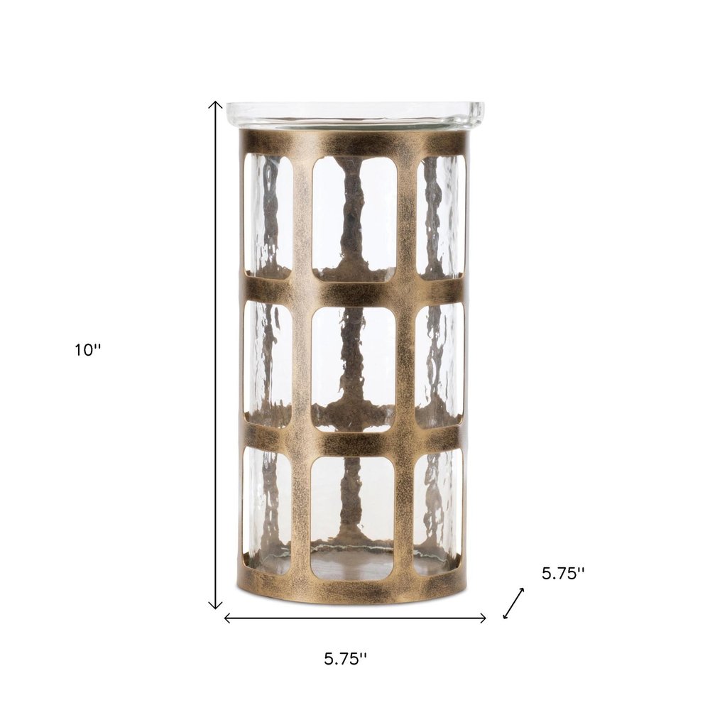 10" Gold Lattice Iron And Glass Tabletop Pillar Candle Holder