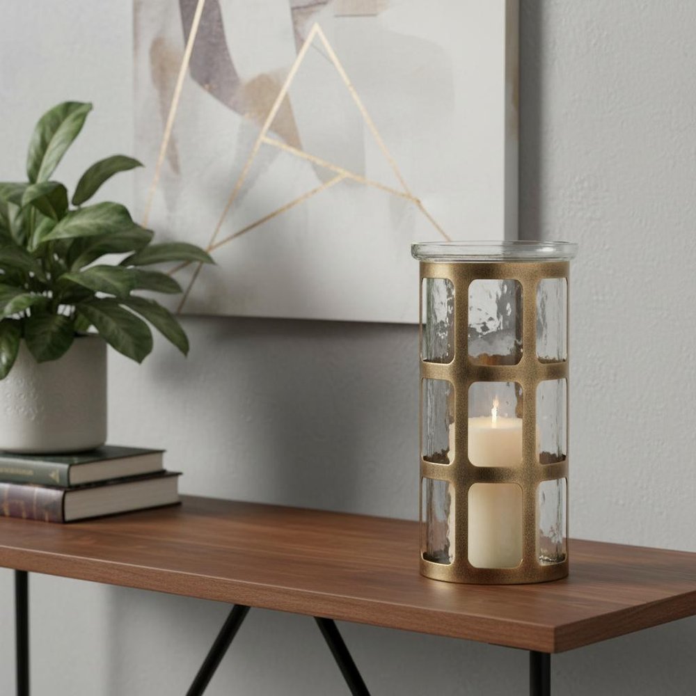 10" Gold Lattice Iron And Glass Tabletop Pillar Candle Holder