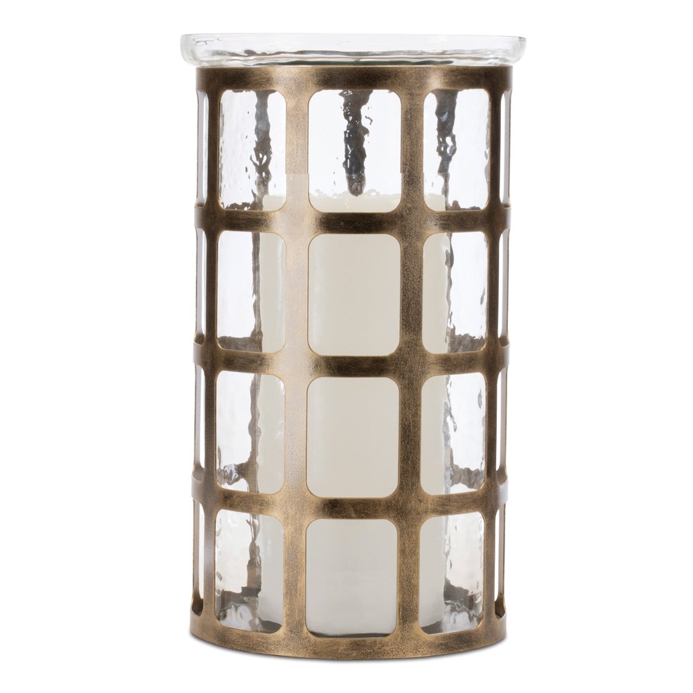 12" Gold Lattice Iron And Glass Tabletop Pillar Candle Holder