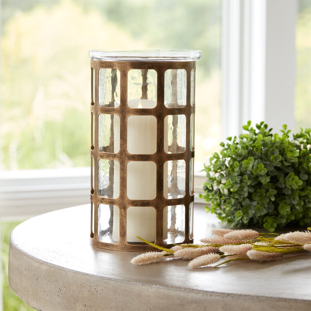12" Gold Lattice Iron And Glass Tabletop Pillar Candle Holder
