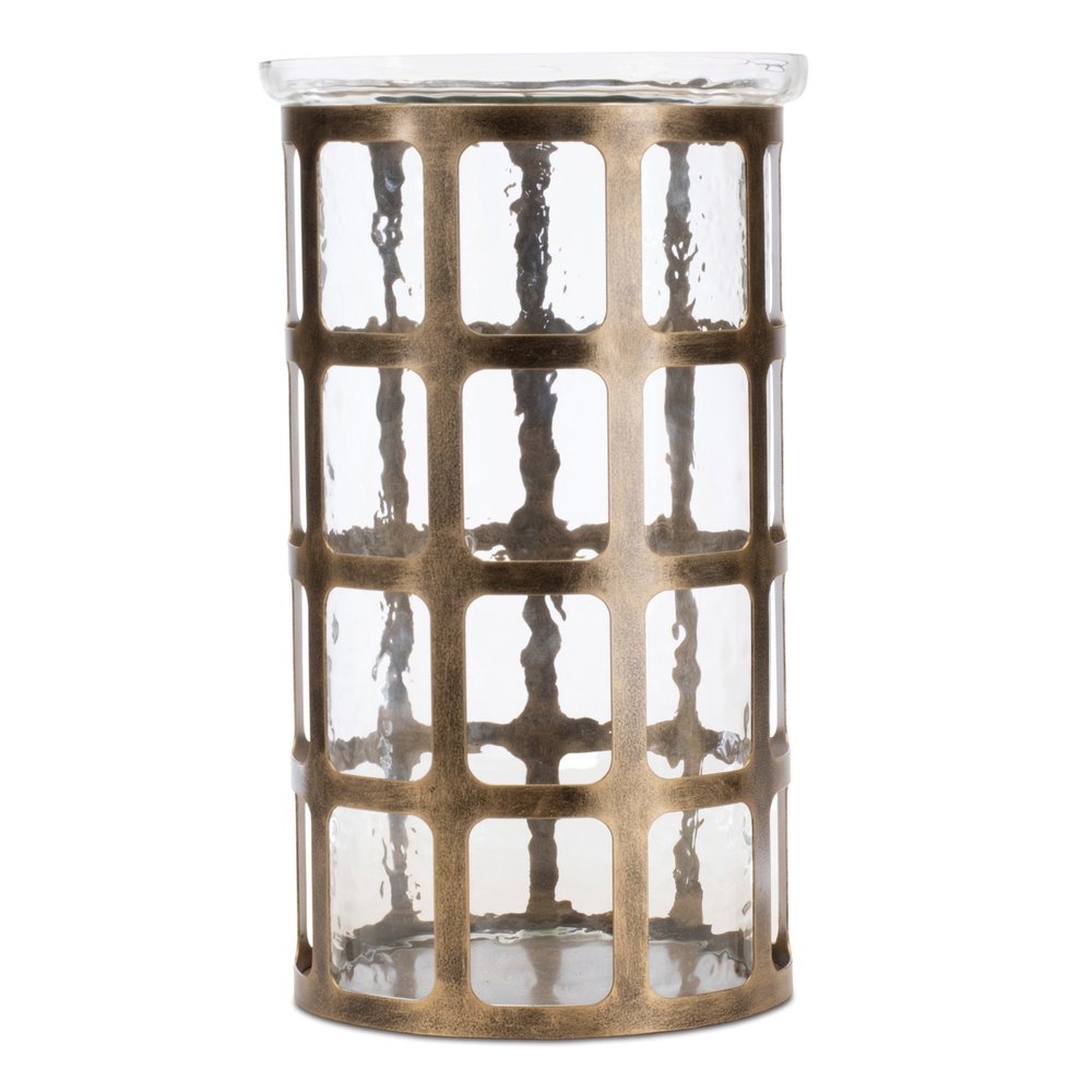 12" Gold Lattice Iron And Glass Tabletop Pillar Candle Holder