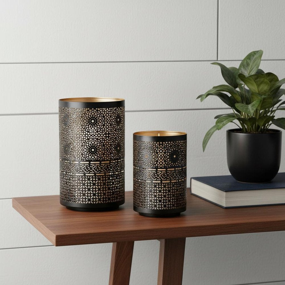 Set of Two Black And Gold Distressed Abstract Iron And Metal Tabletop Hurricane Candle Holders