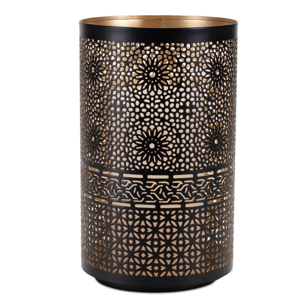 Set of Two Black And Gold Distressed Abstract Iron And Metal Tabletop Hurricane Candle Holders