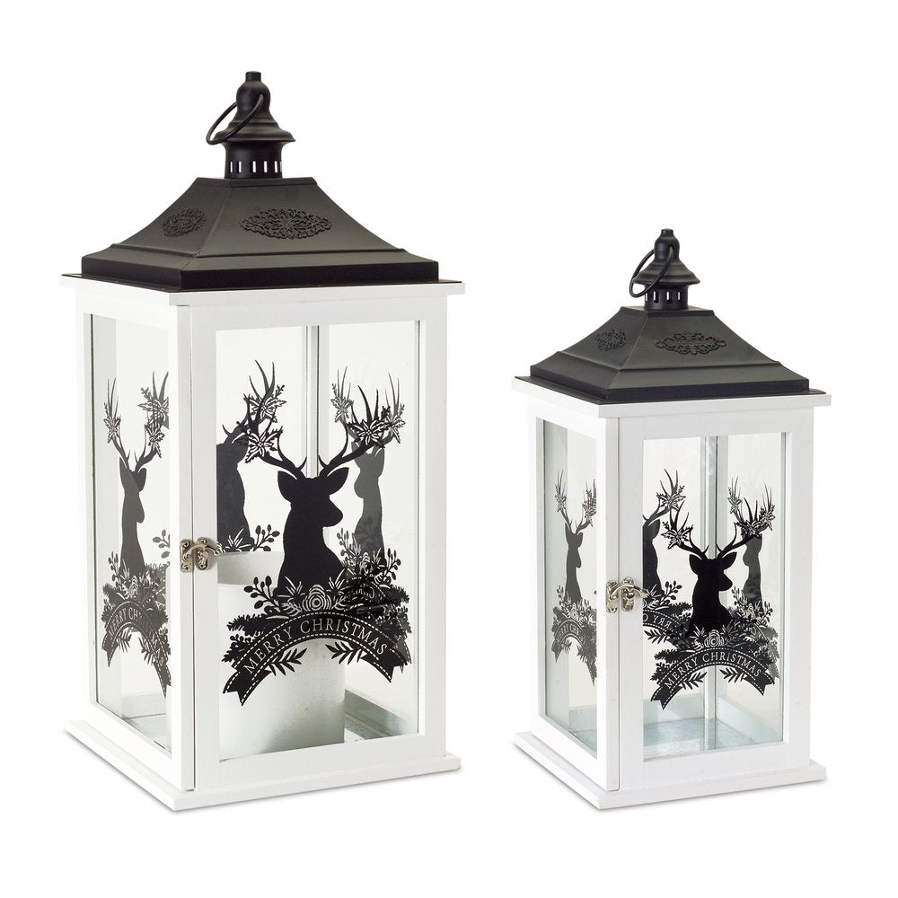 Set of Two White And Black Abstract Wood Tabletop Lantern Candle Holders