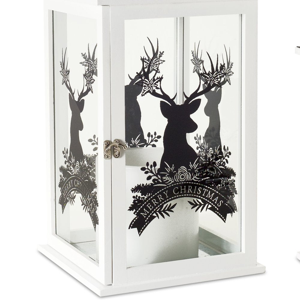 Set of Two White And Black Abstract Wood Tabletop Lantern Candle Holders
