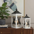 Set of Two White And Black Abstract Wood Tabletop Lantern Candle Holders