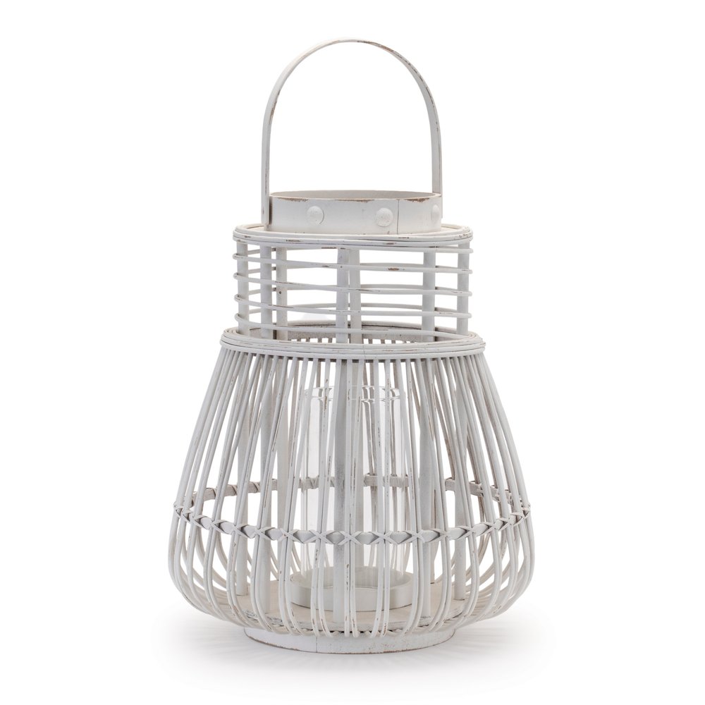 15" White Distressed Woven Manufactured Wood Centerpiece Lantern Candle Holder