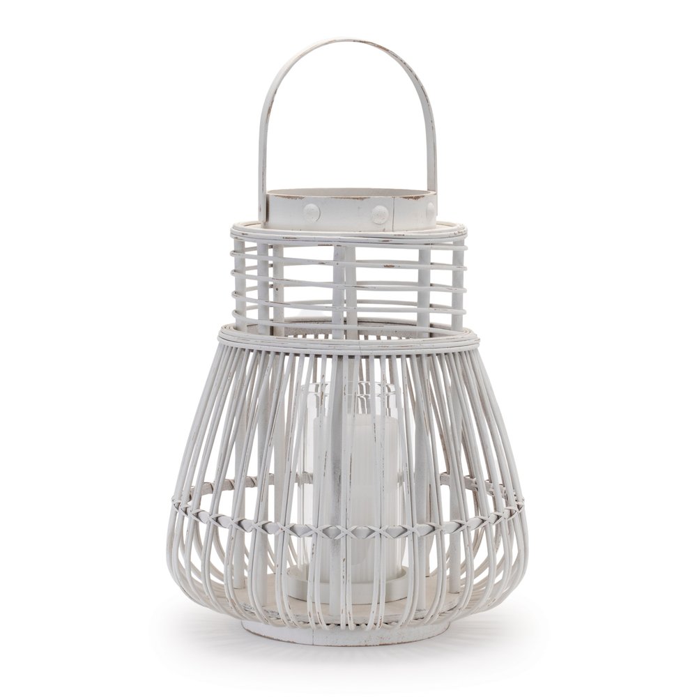 15" White Distressed Woven Manufactured Wood Centerpiece Lantern Candle Holder