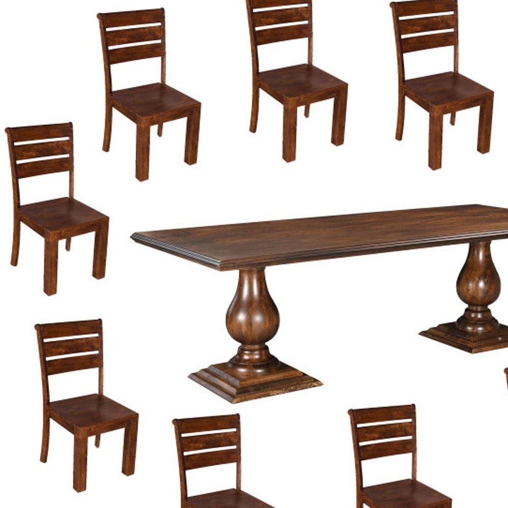 11 Piece Brown Solid Wood Dining Set with 10