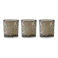 Set of Three Gray Distressed Floral Glass Tabletop Votive Candle Holders