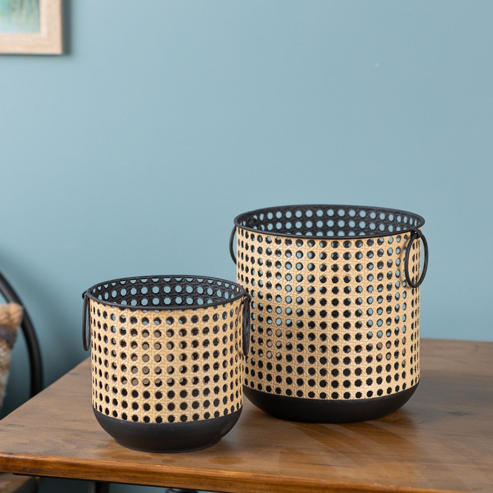 Set of Two Black And Brown Distressed Geometric Iron Tabletop Lantern Candle Holders