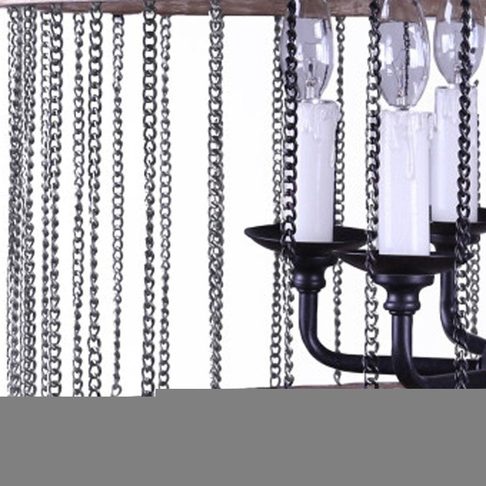 Black And Natural Wood and Metal Cylinder Six Light Dimmable Chandelier