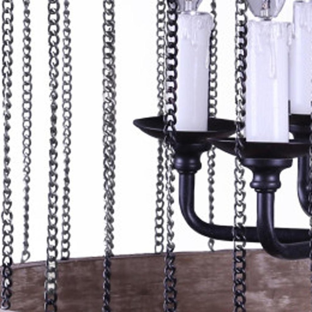 Black And Natural Wood and Metal Cylinder Six Light Dimmable Chandelier