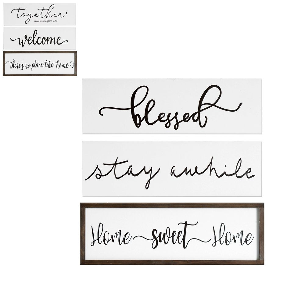24" X 9" White And Black "Bless", "Stay A While", "Home Sweet Home" Wood Wall Decor