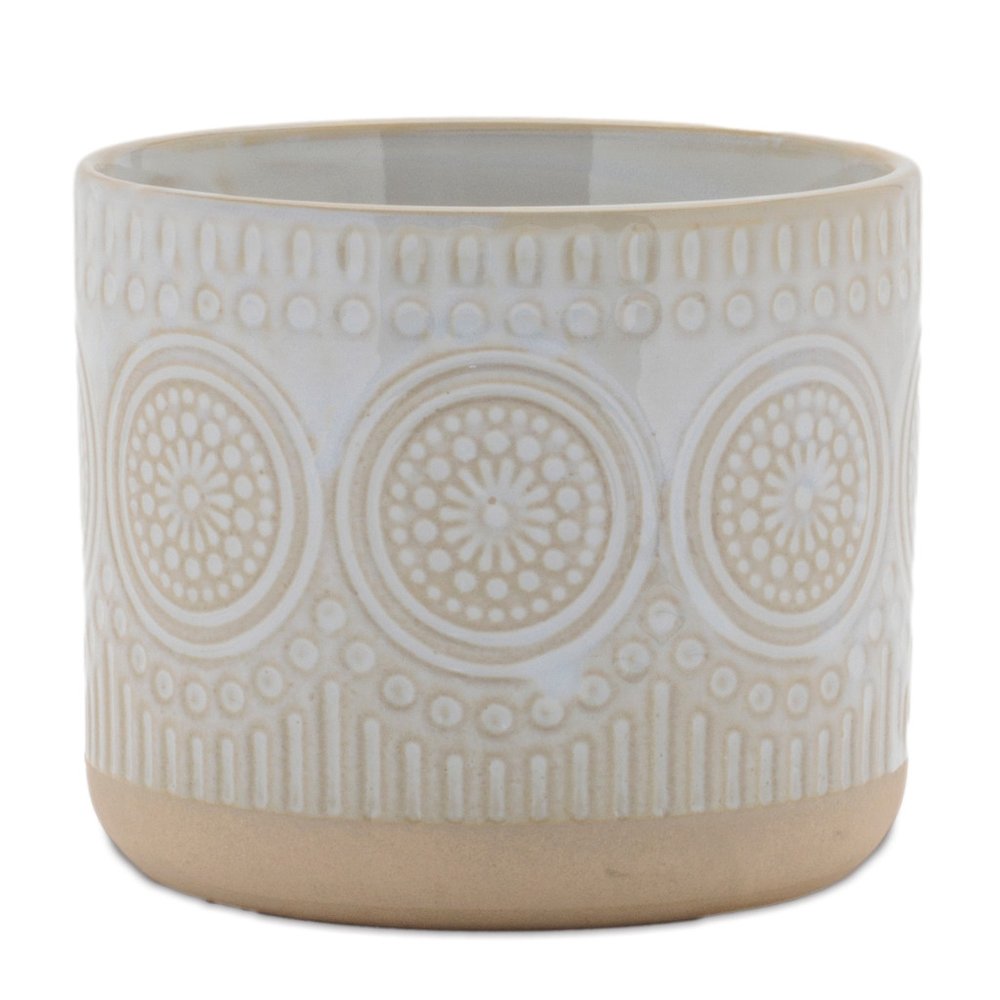 Set of Two Beige And White Porcelain 1 Ounce Geometric Round Pot Planters