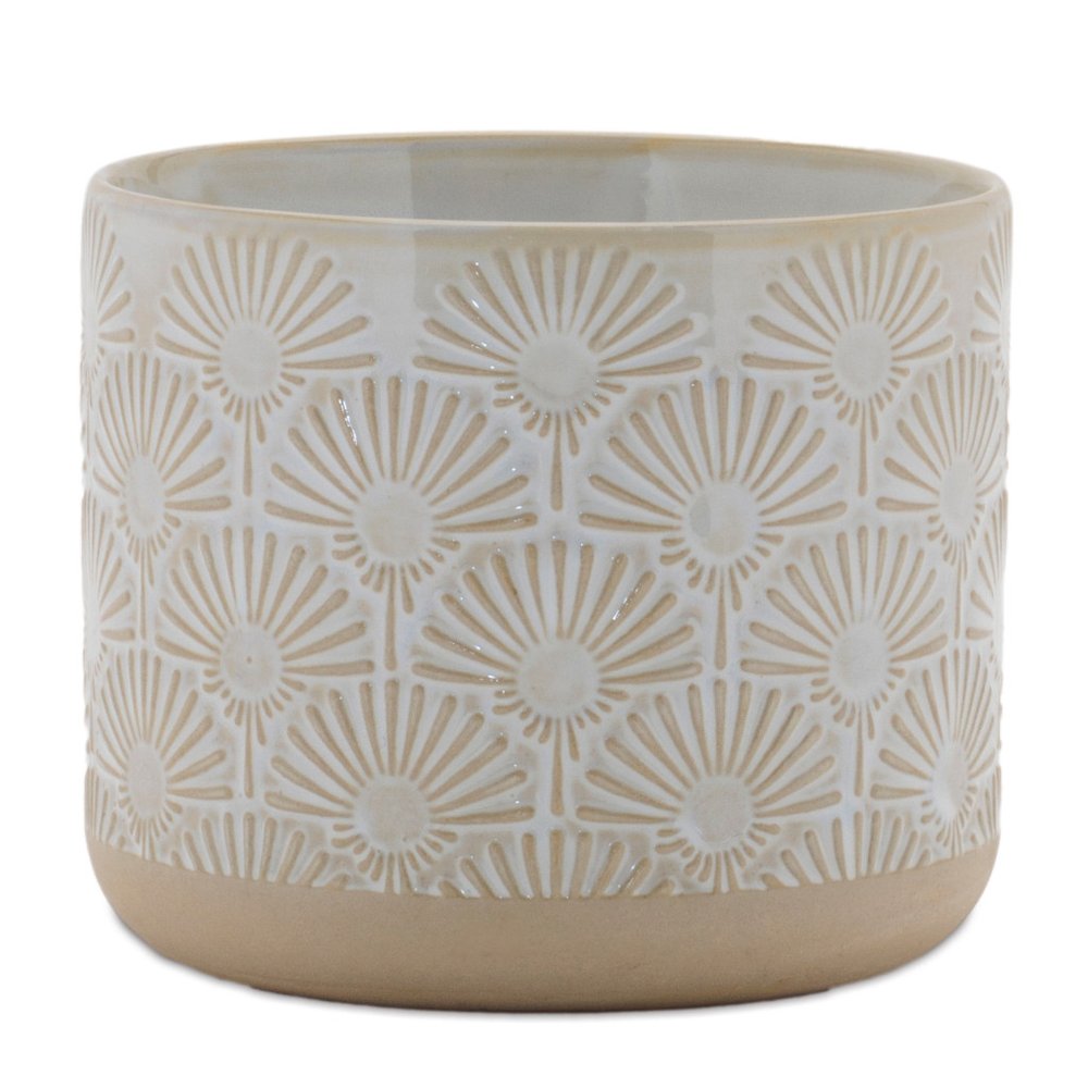 Set of Two Beige And White Porcelain 1 Ounce Geometric Round Pot Planters
