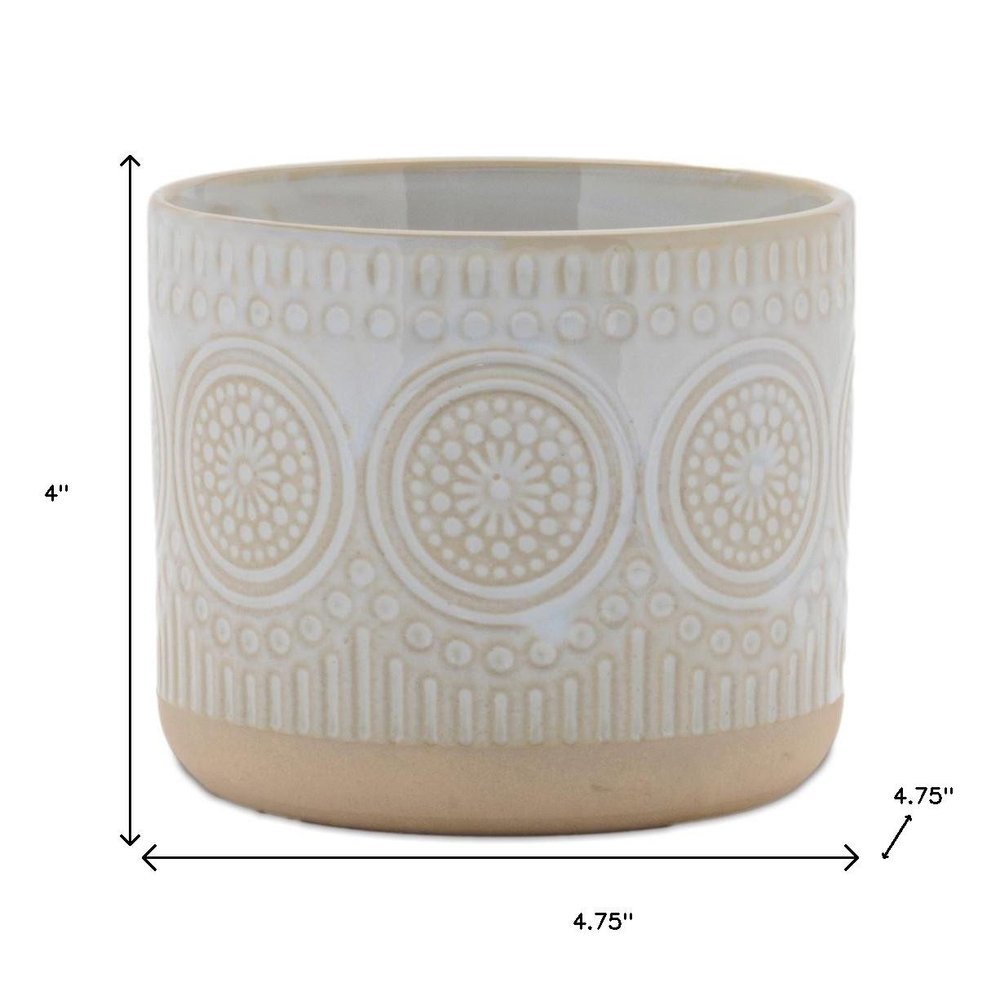 Set of Two Beige And White Porcelain 1 Ounce Geometric Round Pot Planters