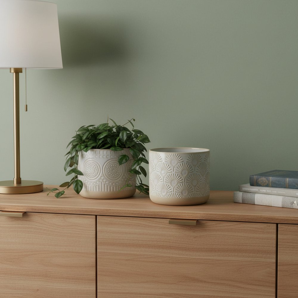 Set of Two Beige And White Porcelain 1 Ounce Geometric Round Pot Planters