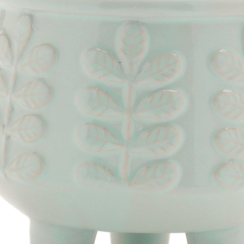 Set of Four Teal Blue Ceramic 1 Ounce Leaf Round Pot Planters