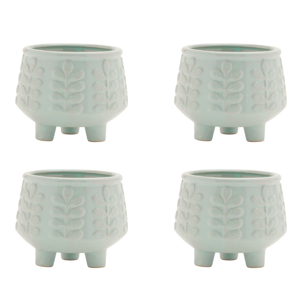 Set of Four Teal Blue Ceramic 1 Ounce Leaf Round Pot Planters