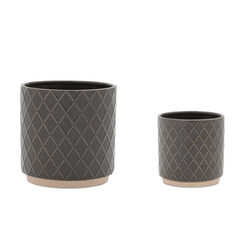 Set of Two Beige And Gray Ceramic 1 Ounce Lattice Round Pot Planters