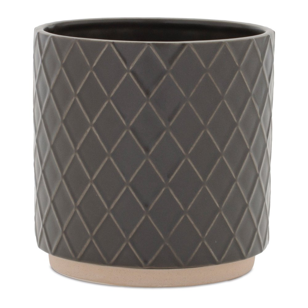 Set of Two Beige And Gray Ceramic 1 Ounce Lattice Round Pot Planters
