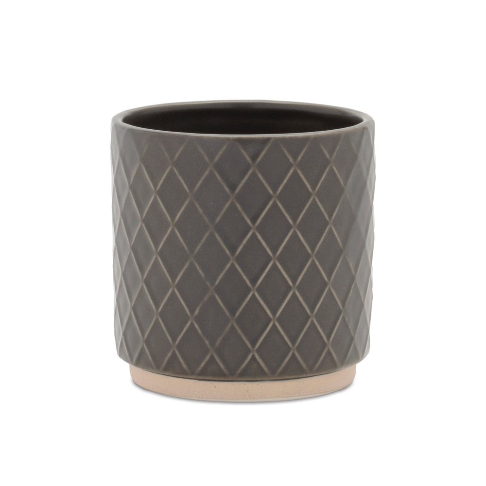 Set of Two Beige And Gray Ceramic 1 Ounce Lattice Round Pot Planters