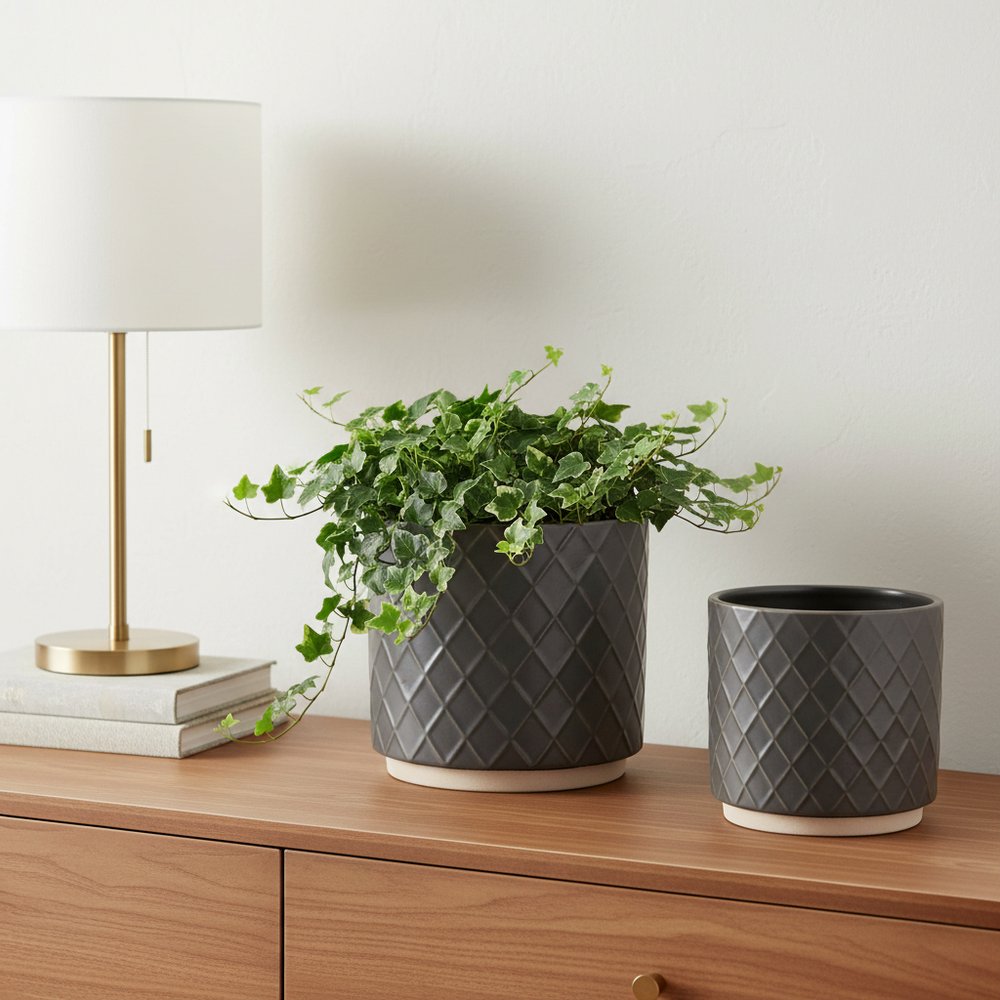Set of Two Beige And Gray Ceramic 1 Ounce Lattice Round Pot Planters