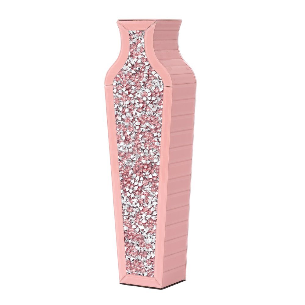 27" Pink Mirrored Glass Floor Vase With Faux Crystals