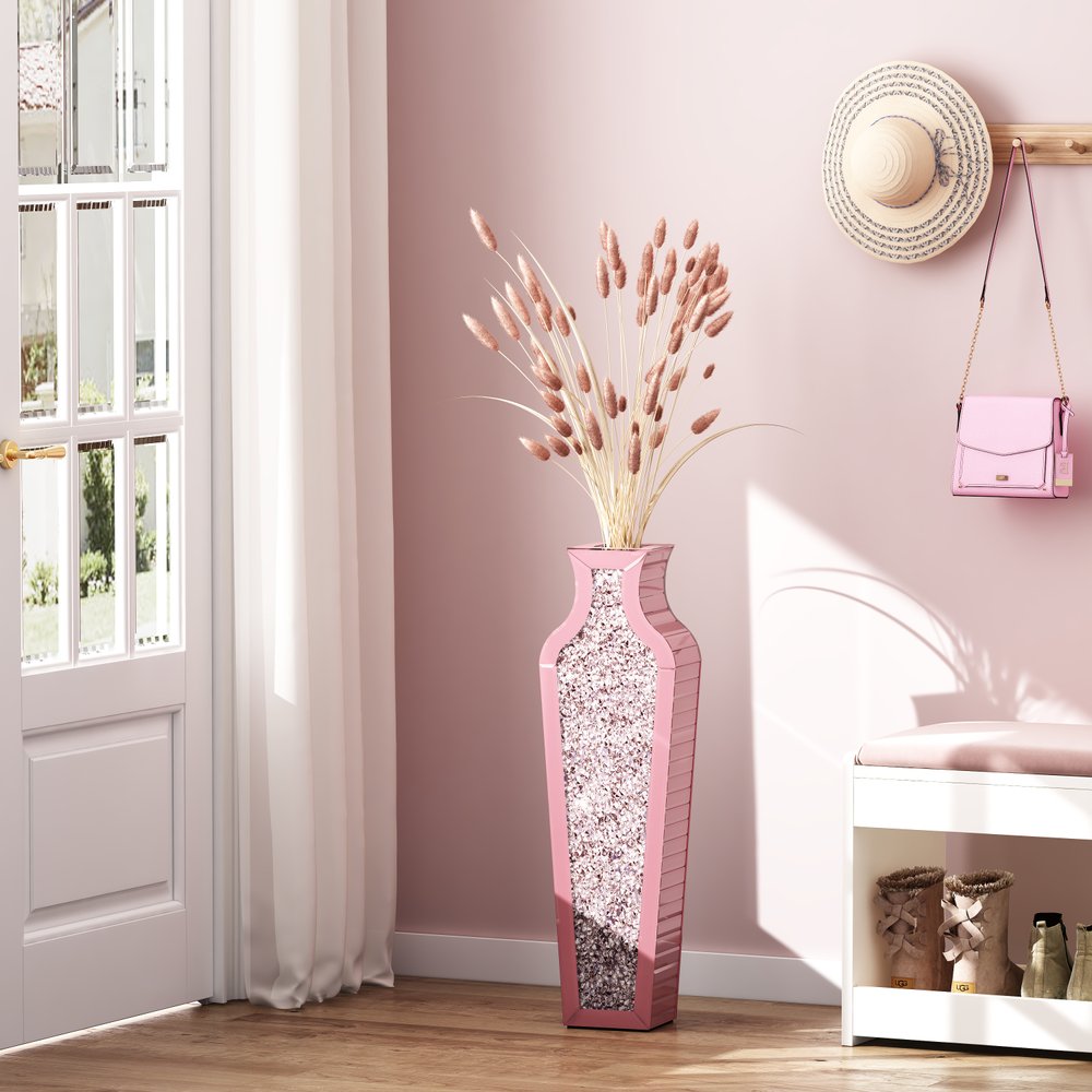 27" Pink Mirrored Glass Floor Vase With Faux Crystals