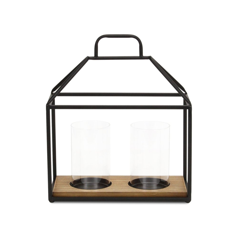 15" Black Metal Glass And Wood Geometric Two Light Hurricane Candle Holder