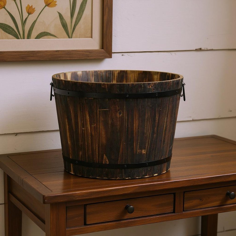 Brown Wood And Metal 1000 Ounce Round Distressed Planter Box