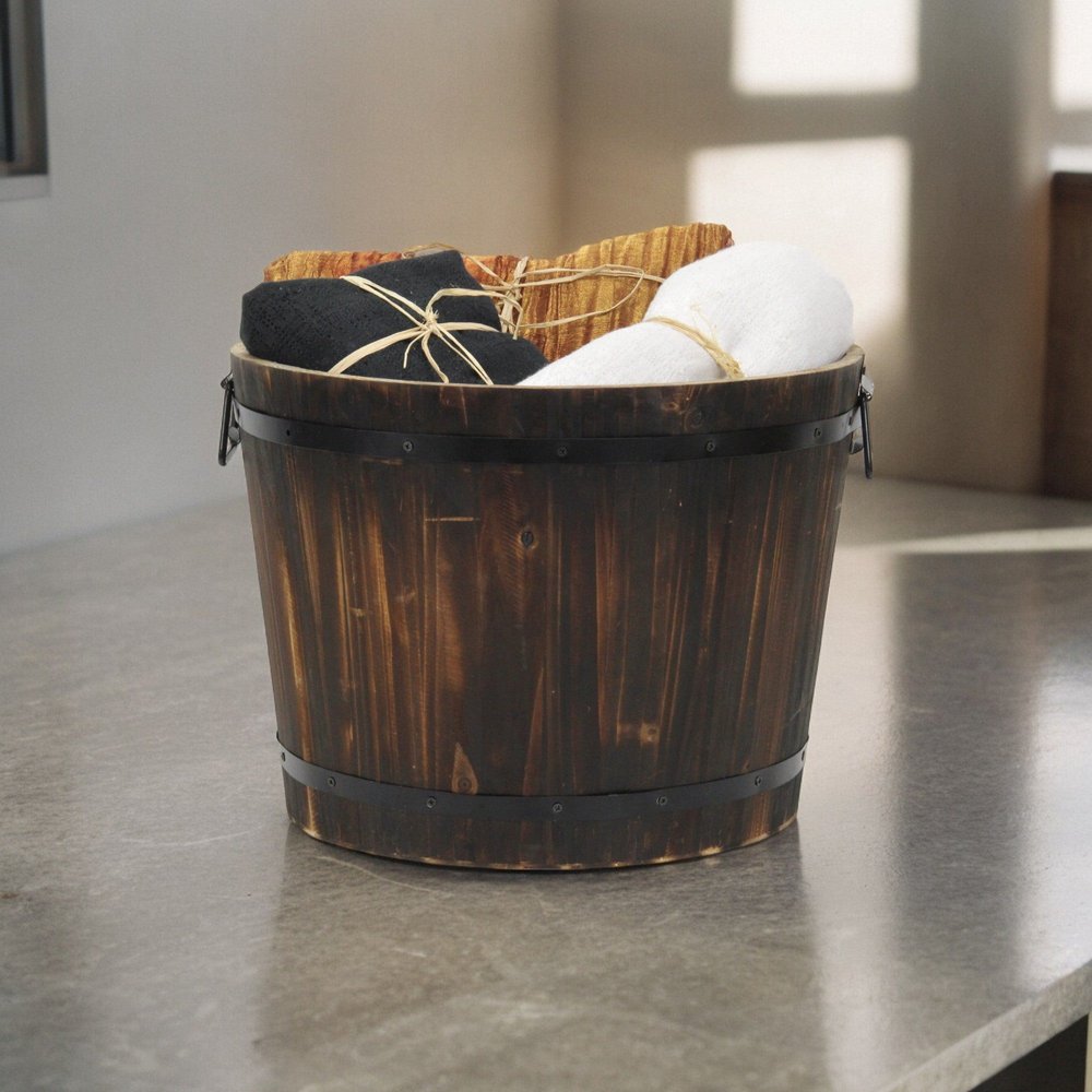 Brown Wood And Metal 1000 Ounce Round Distressed Planter Box