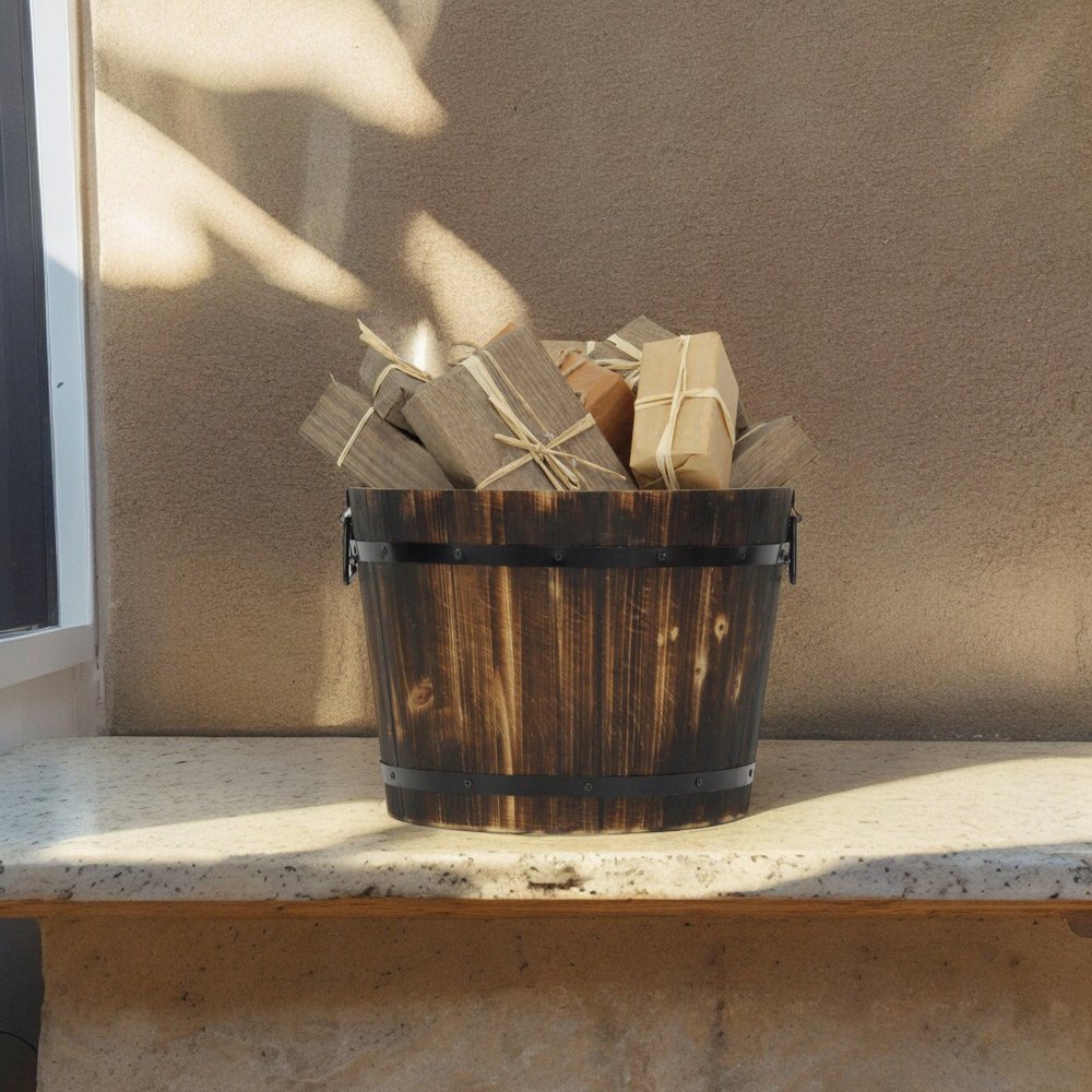 Brown Wood And Metal 800 Ounce Round Distressed Planter Box