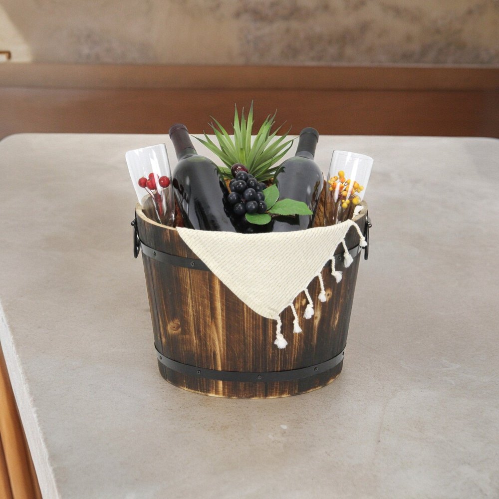 Brown Wood And Metal 800 Ounce Round Distressed Planter Box