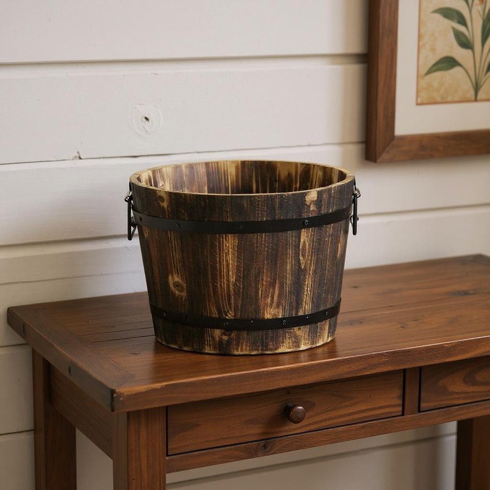 Brown Wood And Metal 400 Ounce Round Distressed Planter Box