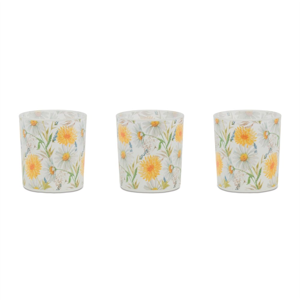 Set of Three Yellow And Green Floral Glass Tabletop Pillar Candle Holders