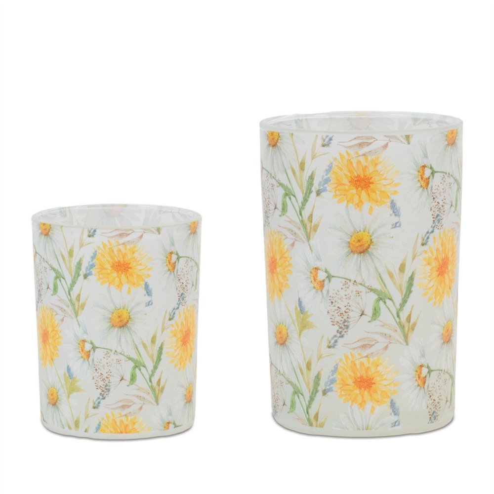 Set of Two Yellow And Green Floral Glass Tabletop Pillar Candle Holders