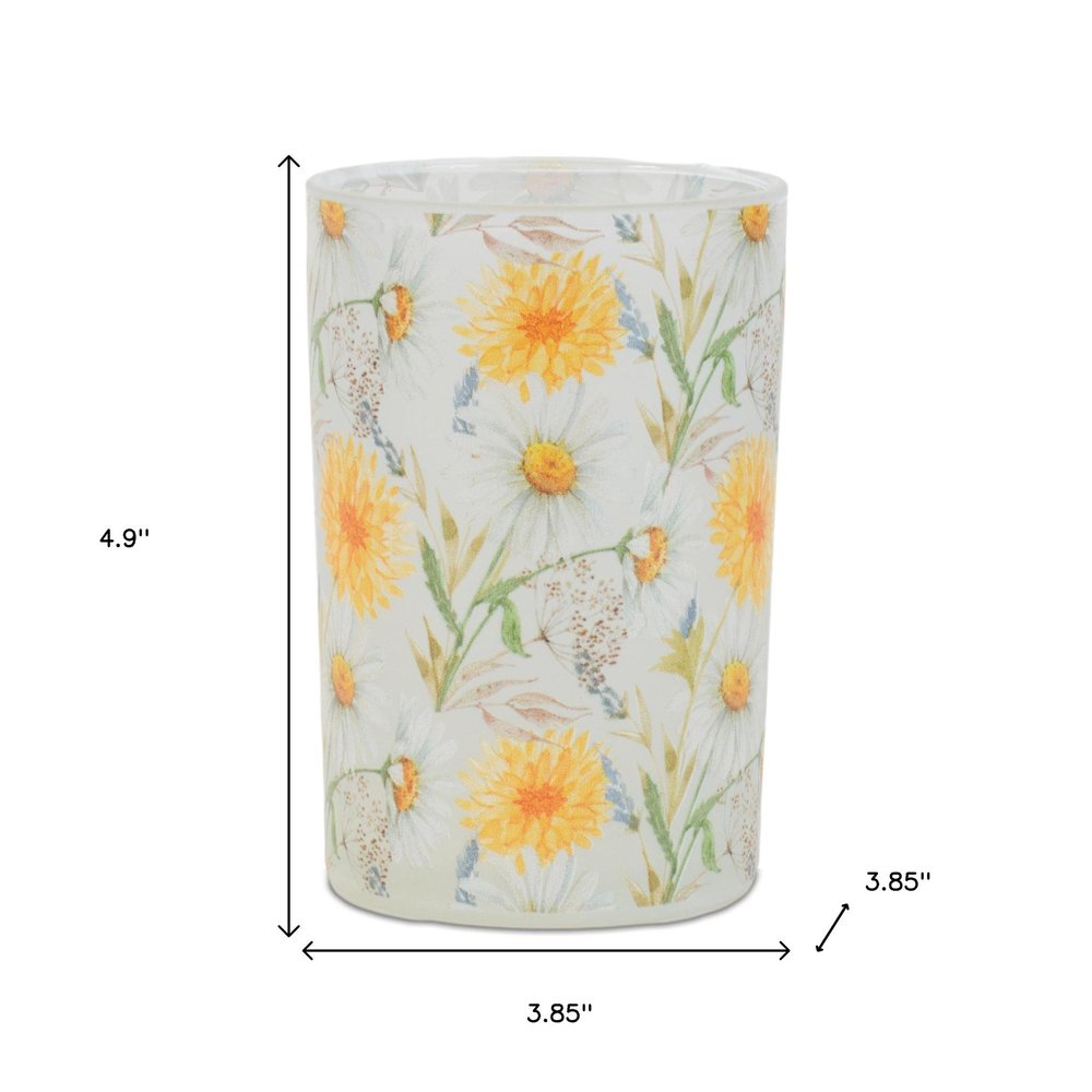 Set of Two Yellow And Green Floral Glass Tabletop Pillar Candle Holders