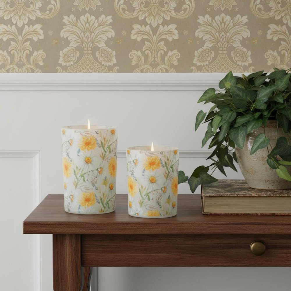 Set of Two Yellow And Green Floral Glass Tabletop Pillar Candle Holders