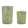 Set of Two Green Floral Glass Tabletop Pillar Candle Holders