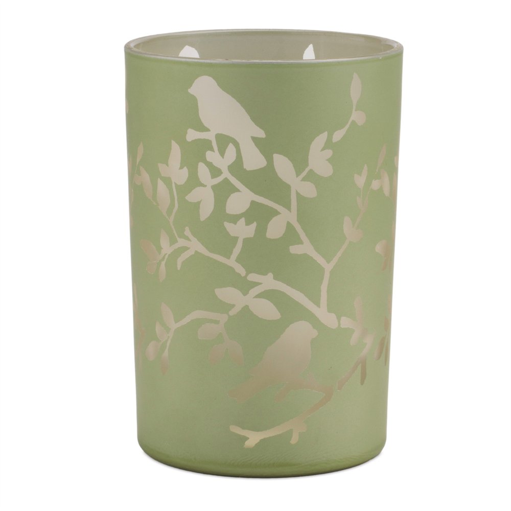 Set of Two Green Floral Glass Tabletop Pillar Candle Holders