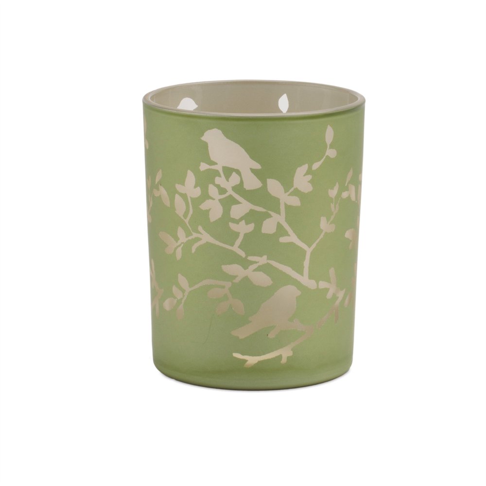 Set of Two Green Floral Glass Tabletop Pillar Candle Holders
