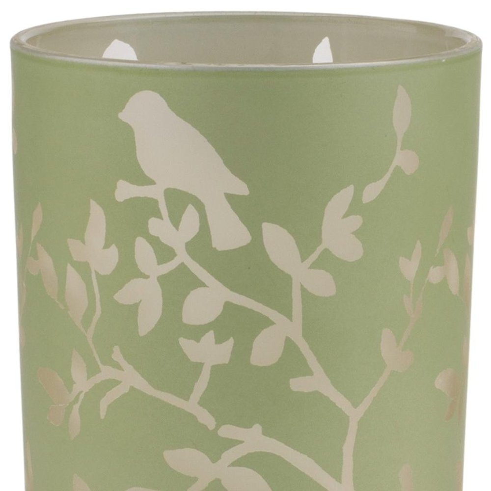 Set of Two Green Floral Glass Tabletop Pillar Candle Holders