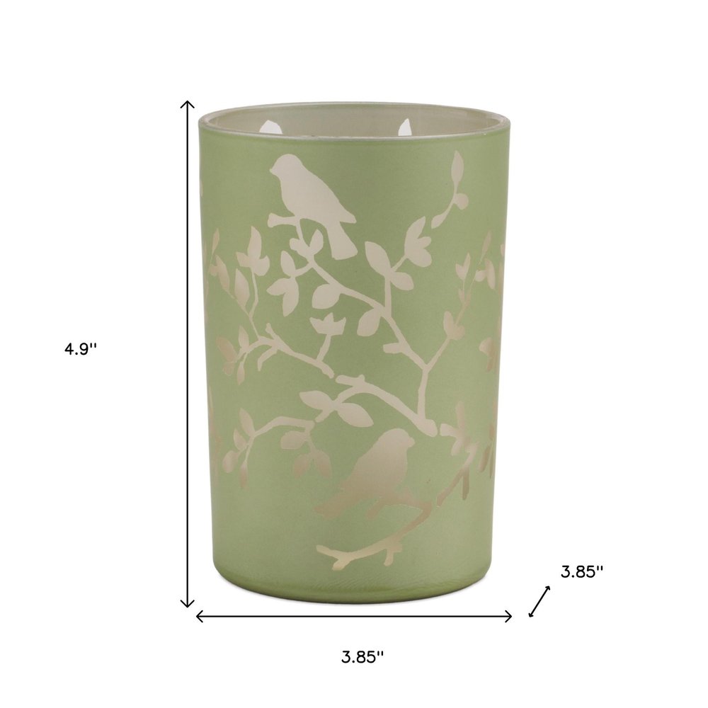 Set of Two Green Floral Glass Tabletop Pillar Candle Holders